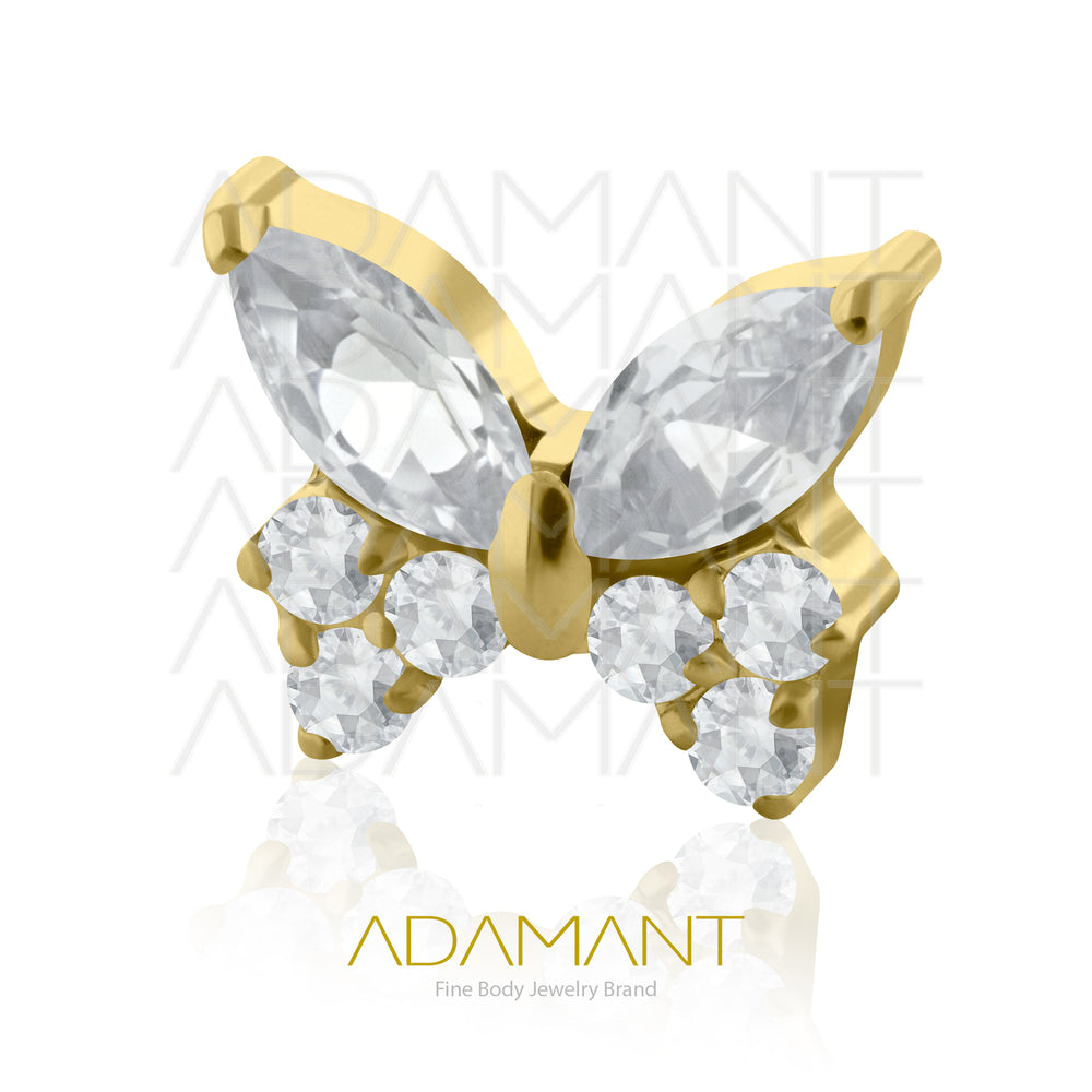 18g - 16g, Titanio Platizado Dorado Accesorio Rosca, 0.9mm Patrón de rosca, Mariposa, Prong Set, Cubic Zirconia.