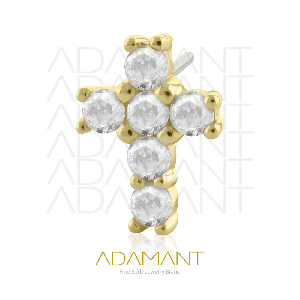 25g, Oro Solido 14k Accesorio Sin Rosca, 4.8mm Tamaño del Pin, Cruz Multijoya Prong Set, Cubic Zirconia.