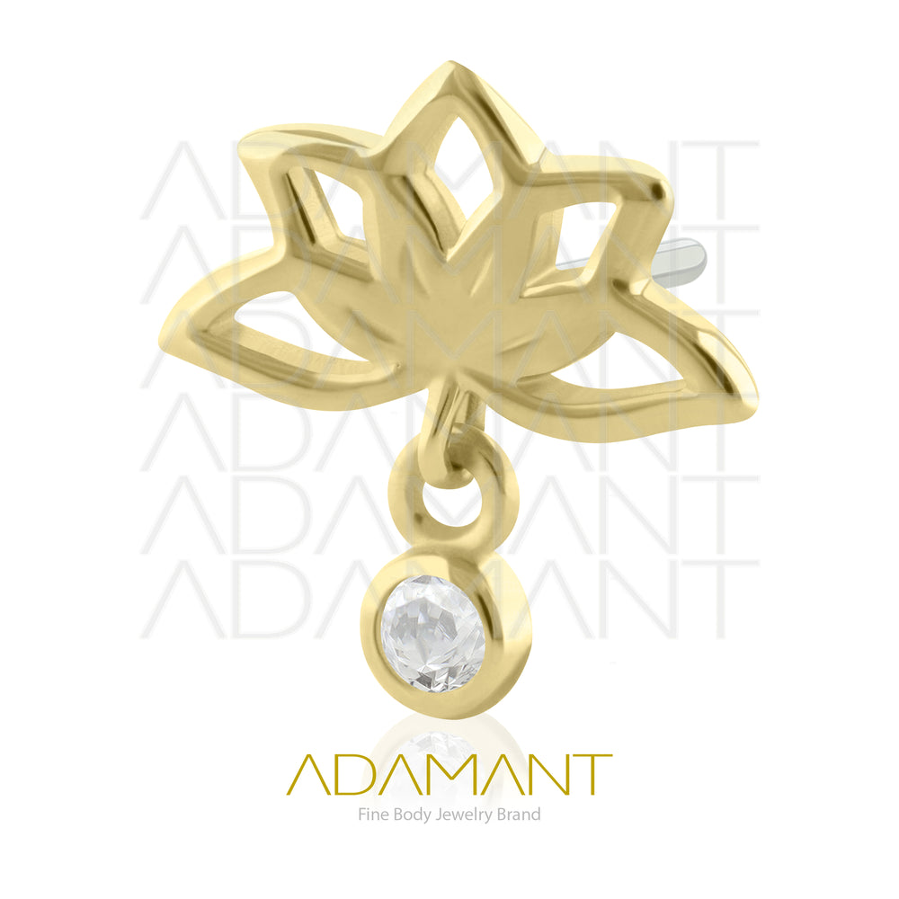 25g, Oro Solido 14k Accesorio Sin Rosca, 4.8mm Tamaño del Pin, Dangle Flor de Loto Bezel Set, Cubic Zirconia.
