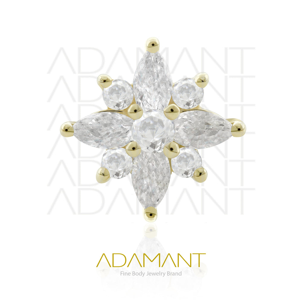 25g, Oro Solido 14k Accesorio Sin Rosca, 4.8mm Tamaño del Pin, Flor de Marquise, Prong Set, Cubic Zirconia