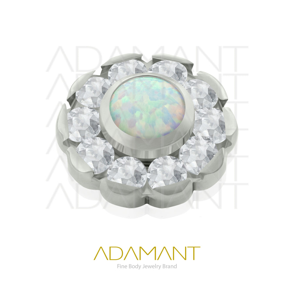 18g - 16g, Titanio Accesorio Rosca, 0.9mm Patrón de rosca, Sunflower, Prong Set, Cubic Zirconia con Centro de Opal.