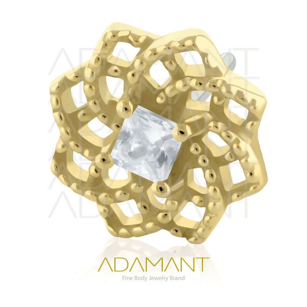 25g, Oro Solido 14k Accesorio Sin Rosca, 4.8mm Tamaño del Pin, Mandala Flower Prong Set, Cubic Zirconia.