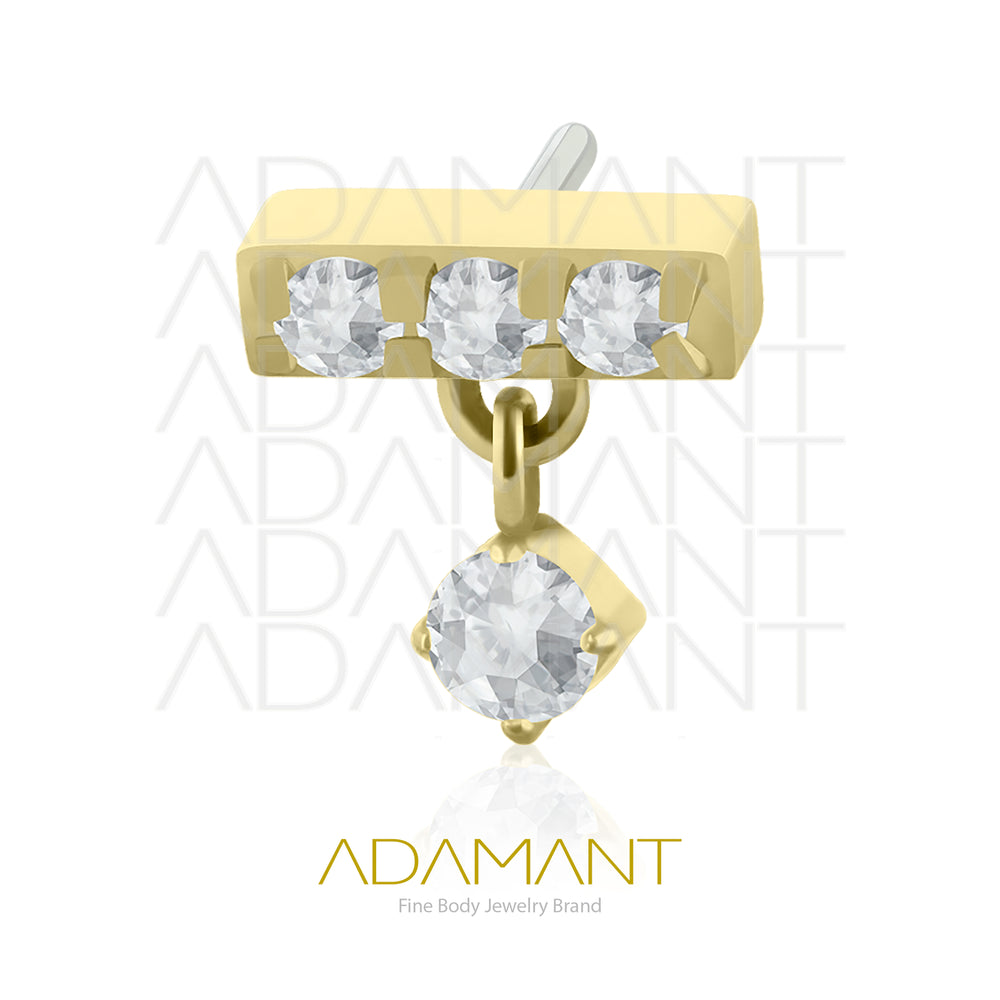 25g, Oro Solido 14k Accesorio Sin Rosca, 4.8mm Tamaño del Pin, 3 Multi-Gem rectangular with Dangle, Prong Set, Cubic Zirconia