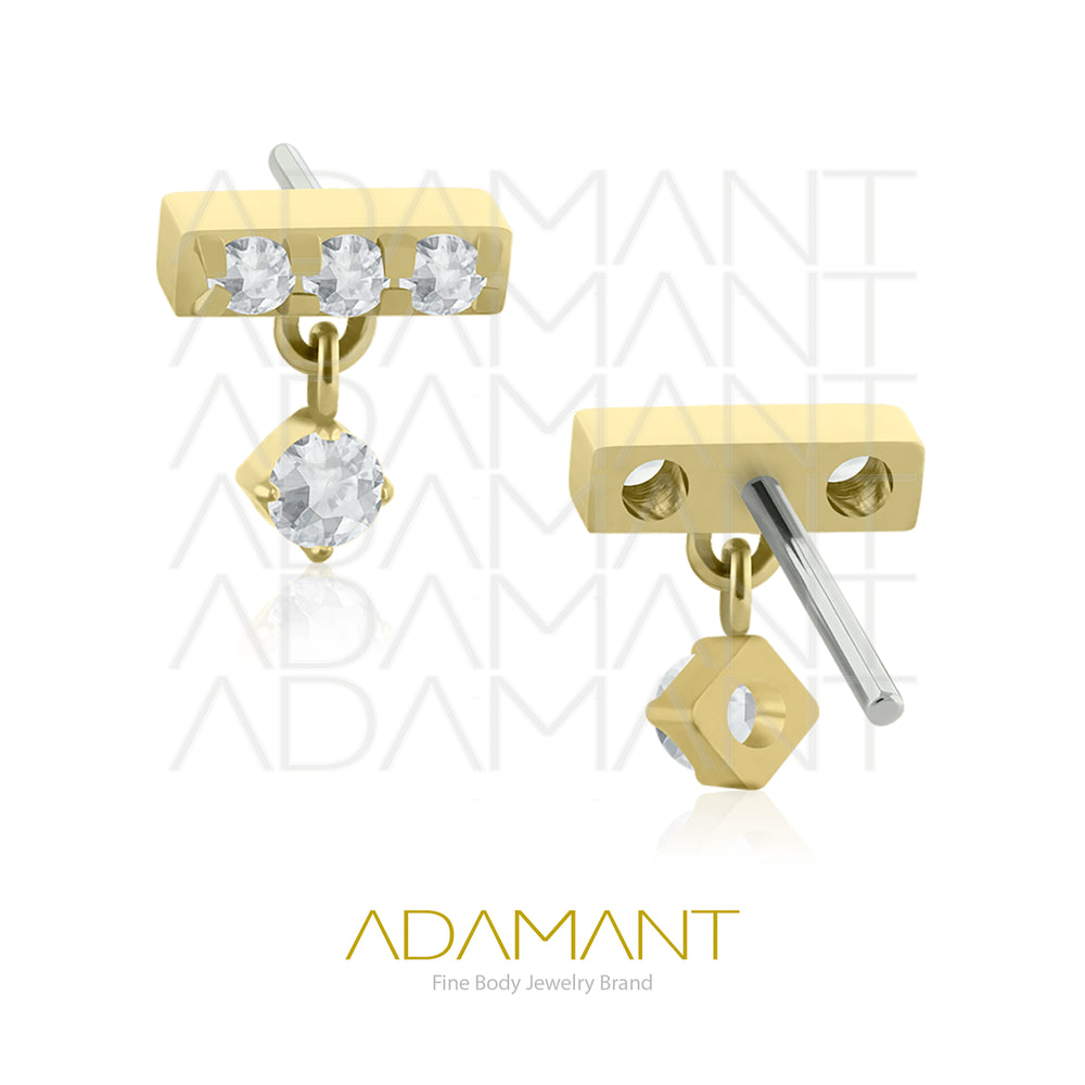 25g, Oro Solido 14k Accesorio Sin Rosca, 4.8mm Tamaño del Pin, 3 Multi-Gem rectangular with Dangle, Prong Set, Cubic Zirconia