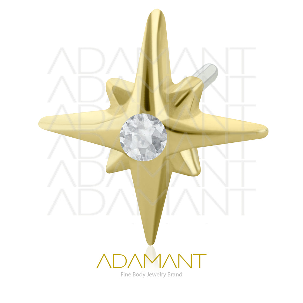 25g, Oro Solido 14k, Accesorio Sin Rosca, 4.0mm Tamaño del Pin, Bright Star Gem, Bezel Set, Cubic Zirconia.