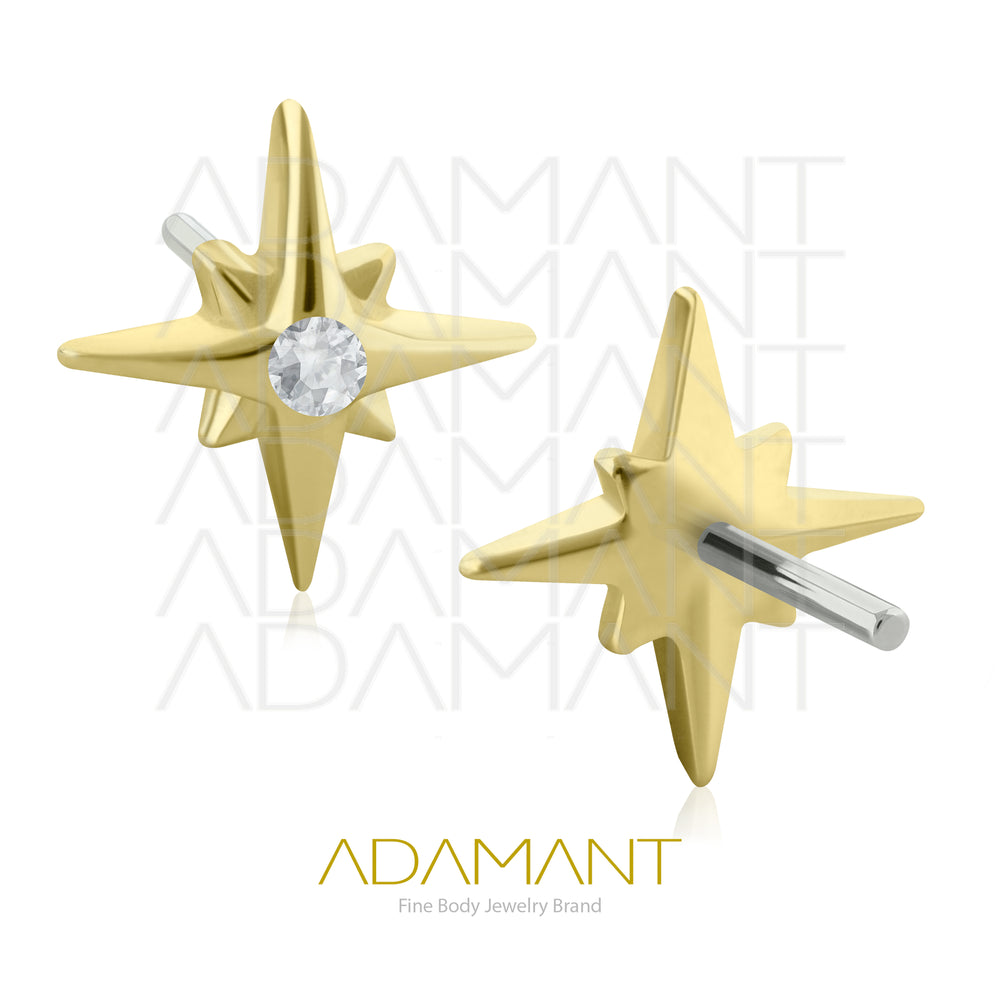 25g, Oro Solido 14k, Accesorio Sin Rosca, 4.0mm Tamaño del Pin, Bright Star Gem, Bezel Set, Cubic Zirconia.