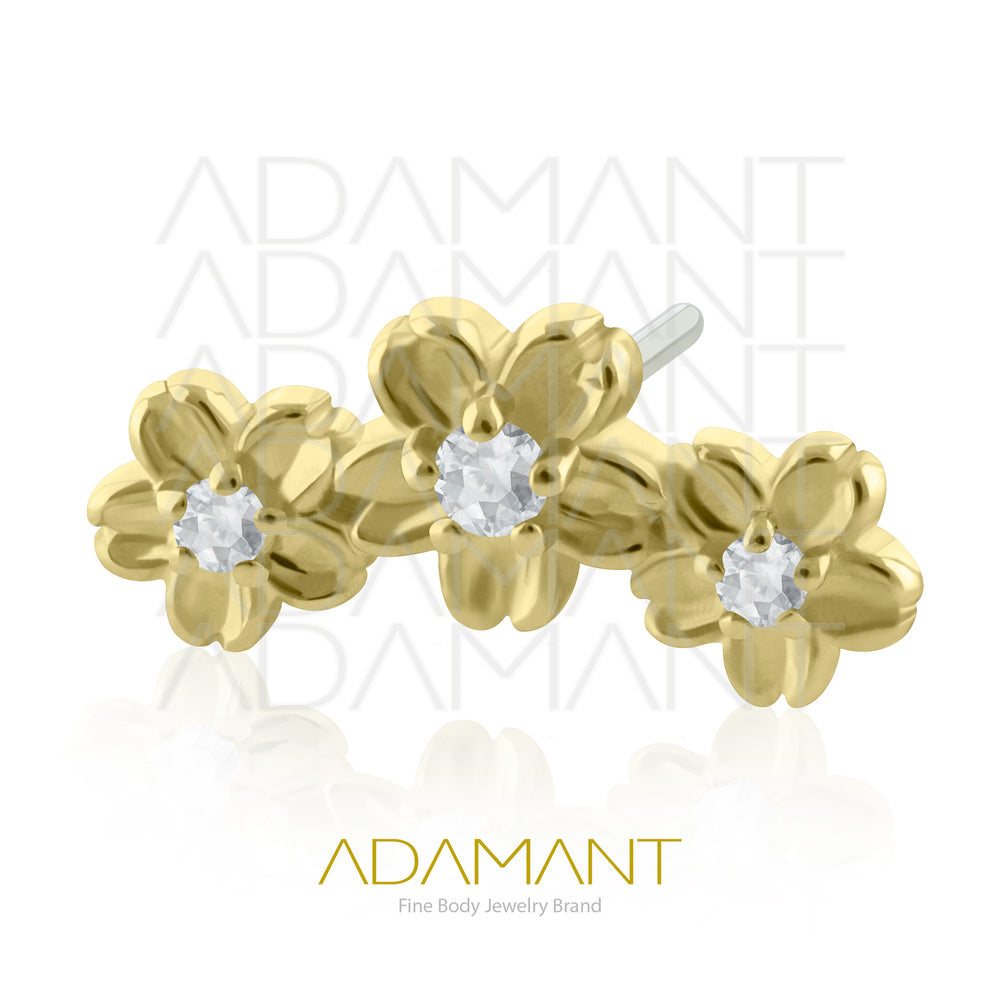 25g, Oro Solido 14k Accesorio Sin Rosca, 4.8mm Tamaño del Pin, Triple Flower Prong Set, Cubic Zirconia.