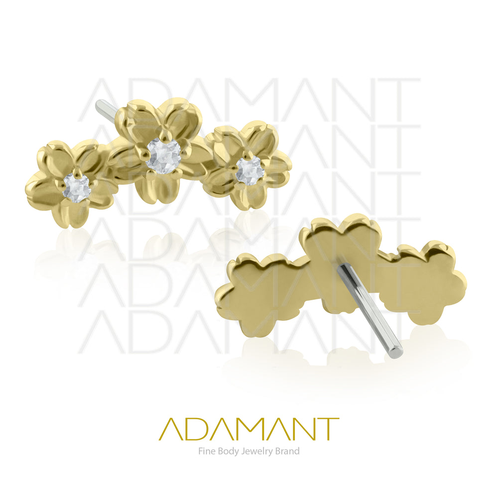 25g, Oro Solido 14k Accesorio Sin Rosca, 4.8mm Tamaño del Pin, Triple Flower Prong Set, Cubic Zirconia.