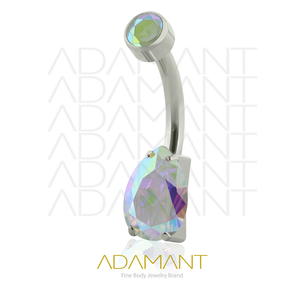 14g, Titanio Navel Curved, Rosca Interna, 1.2mm Patrón de Rosca, Ombligo Pear Cut Gem Prong Set, Cubic Zirconia.