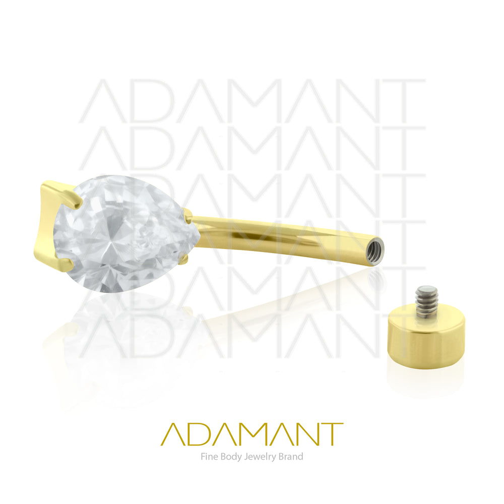 14g, Titanio Navel Curved, Rosca Interna, 1.2mm Patrón de Rosca, Ombligo Pear Cut Gem Prong Set, Cubic Zirconia.