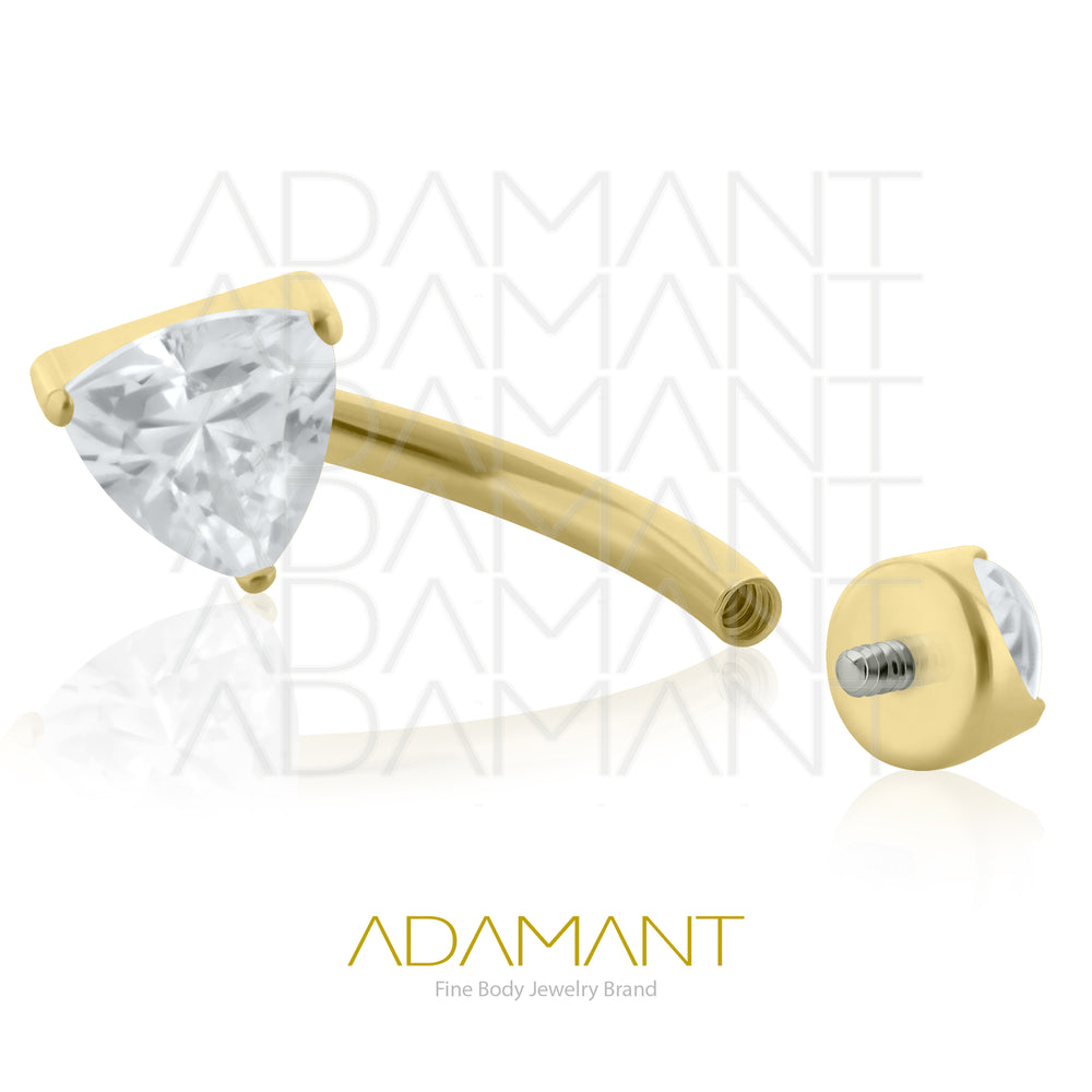 14g, Titanio Navel Curved, Rosca Interna, 1.2mm Patrón de Rosca, Ombligo Three Facet  Gem, Platizado Dorado Prong Set 3, Cubic Zirconia.