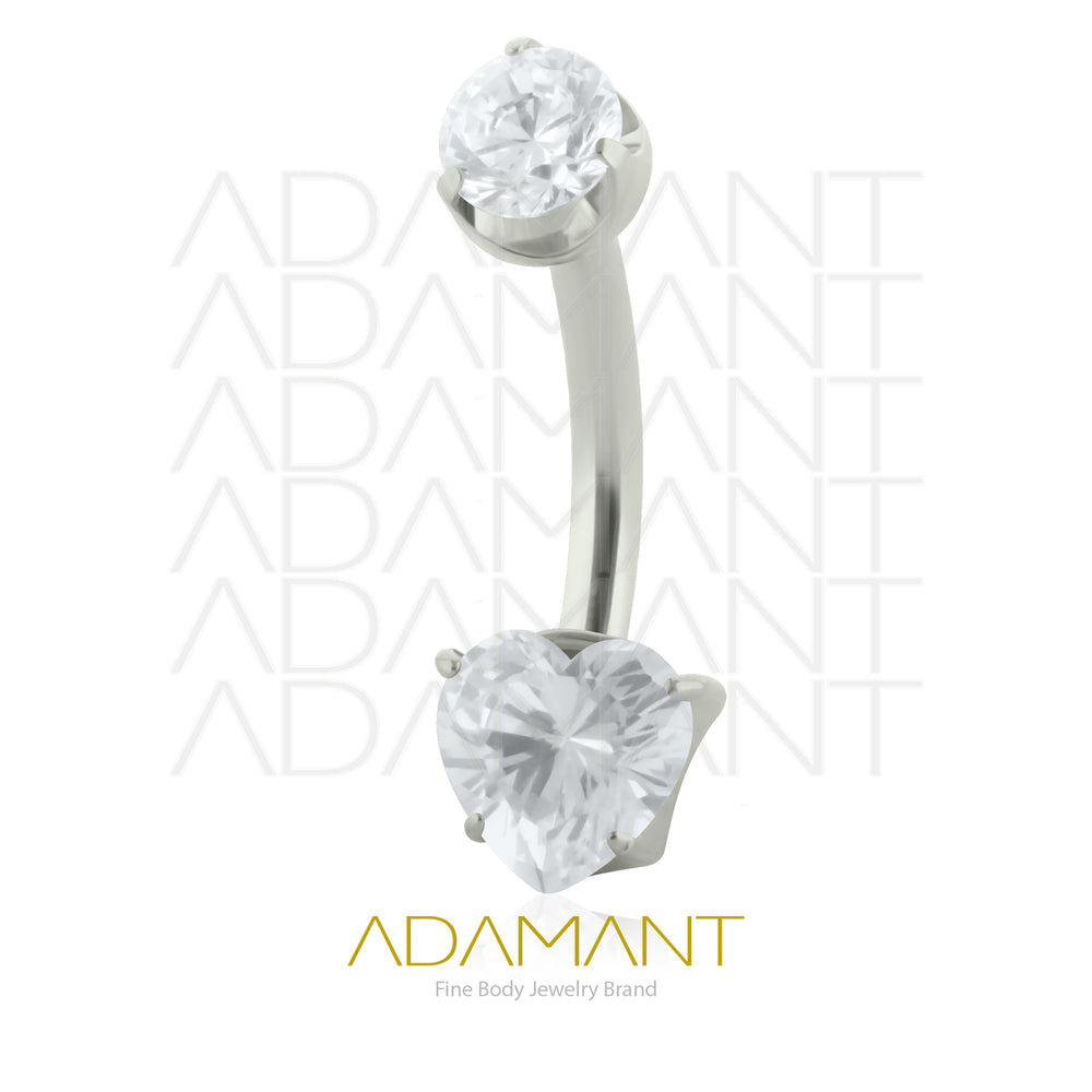 14g, Titanio Navel Curved, Rosca Interna, 1.2mm Patrón de Rosca, Ombligo Heart Rounded Gem, Prong Set 4, Cubic Zirconia.