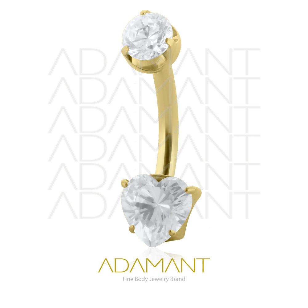 14g, Titanio Navel Curved, Rosca Interna, 1.2mm Patrón de Rosca, Ombligo Heart Rounded Gem, Platizado Dorado, Prong Set 4, Cubic Zirconia.