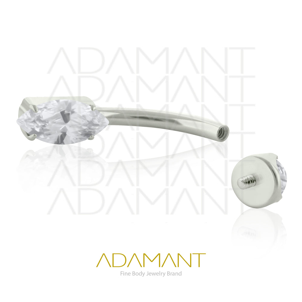14g, Titanio Navel Curved, Rosca Interna, 1.2mm Patrón de Rosca, Ombligo Navette Gem, Prong Set 4, Cubic Zirconia.