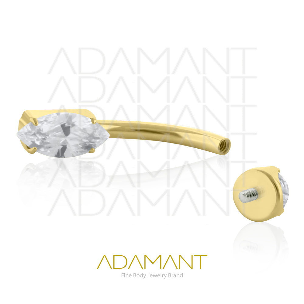 14g, Titanio Navel Curved, Rosca Interna, 1.2mm Patrón de Rosca, Ombligo Navette Gem, Platizado Dorado, Prong Set 4, Cubic Zirconia.
