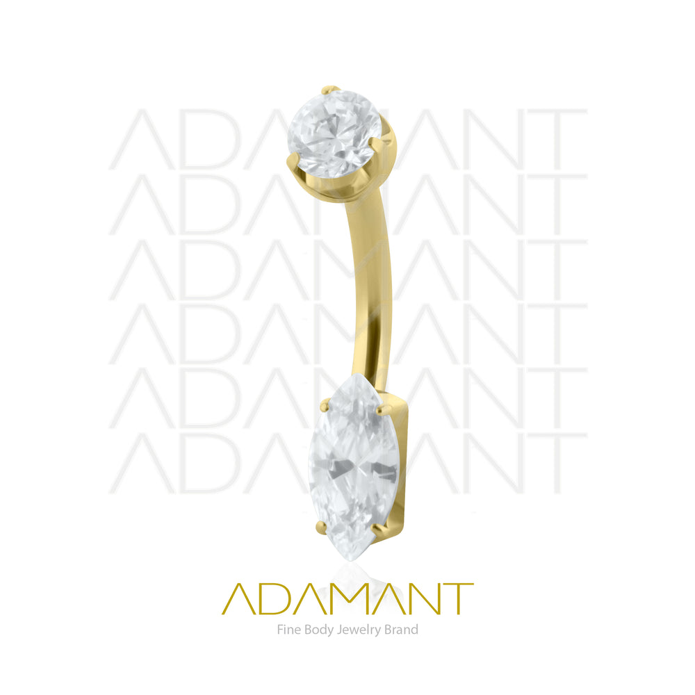14g, Titanio Navel Curved, Rosca Interna, 1.2mm Patrón de Rosca, Ombligo Navette Gem, Platizado Dorado, Prong Set 4, Cubic Zirconia.