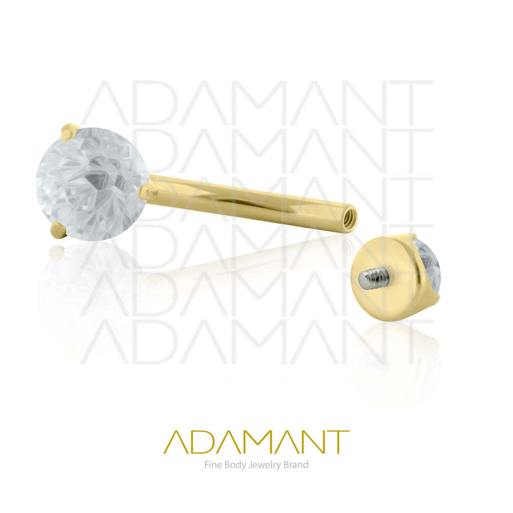 14g, Titanio Platizado Dorado, Navel Curved Pequeña, Rosca Interna, 1.2mm Patrón de Rosca, Navel Curved Button Gem, Prong Set 3, Cubic Zirconia.