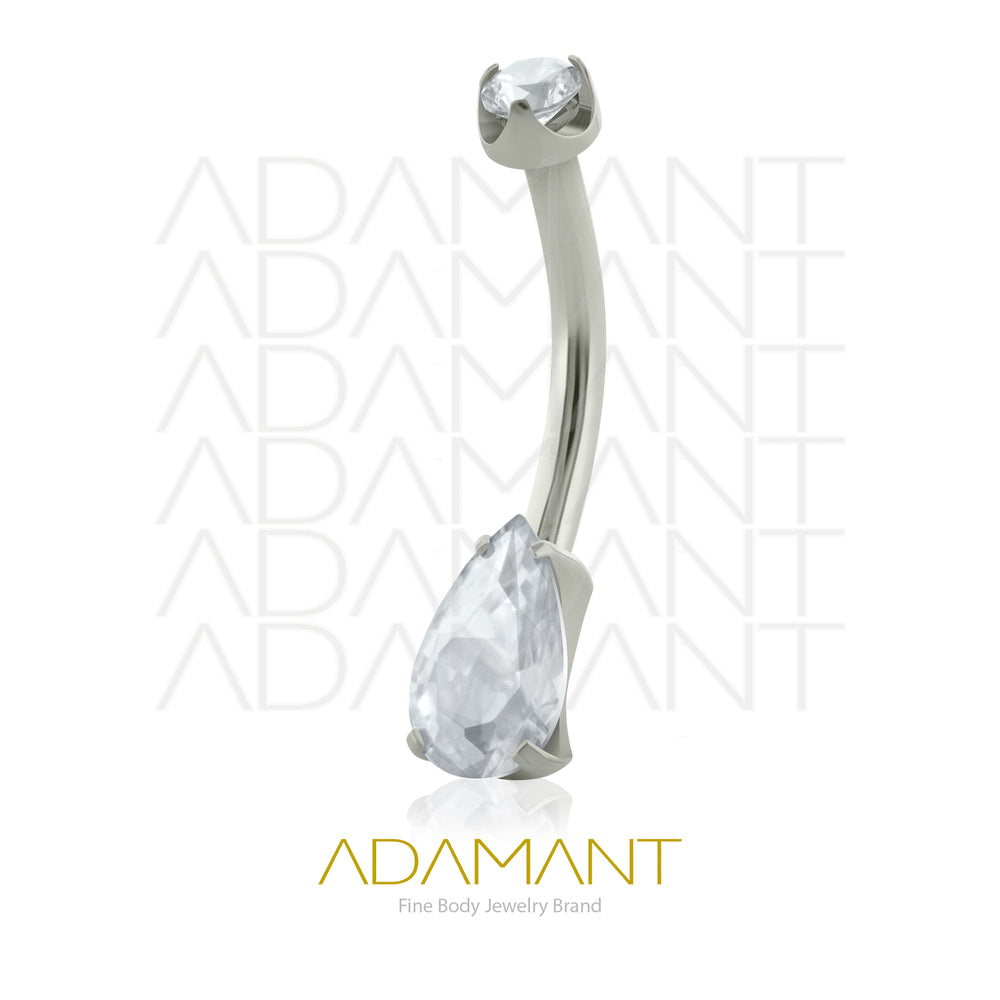 14g, Titanio Navel Curved, Rosca Interna, 1.2mm Patrón de Rosca, Ombligo Pear Cut Gem Prong Set, Cubic Zirconia.