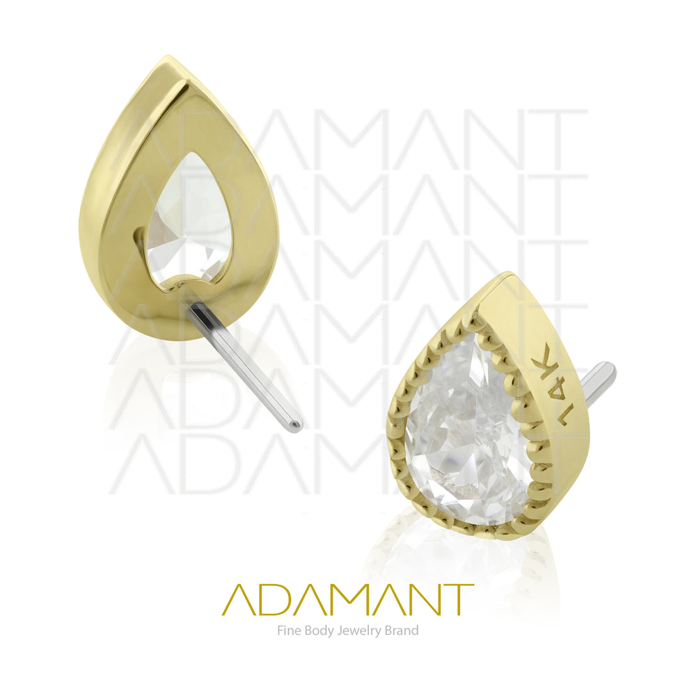 25g, Oro Solido 14k Accesorio Sin Rosca, 4.8mm Tamaño del Pin, Bead Teardrop, Bezel Set, Cubic Zirconia