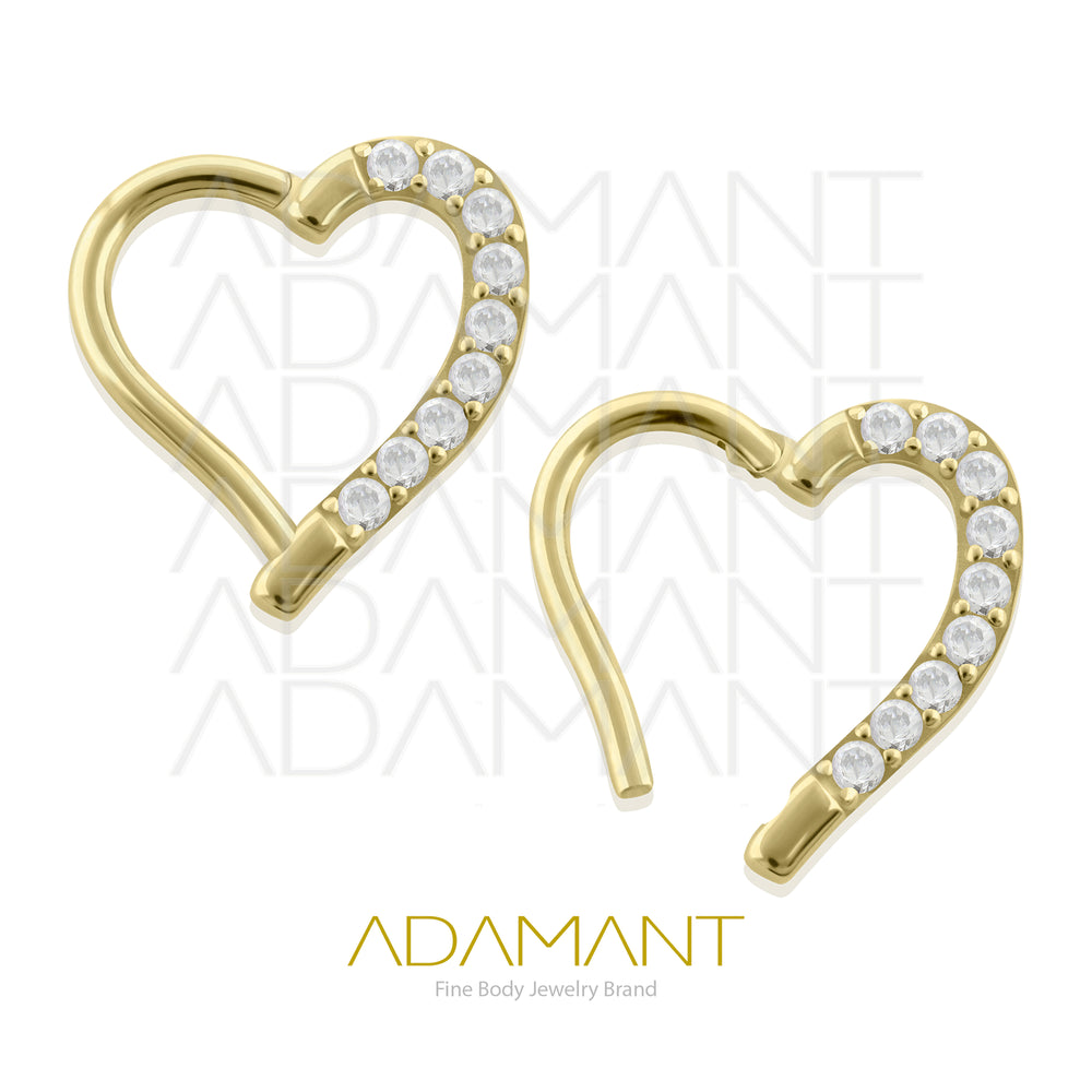 16g, Oro Solido 14k Aro de Bisagra Clicker Corazón Front Multijewel, Prong Set, Cubic Zirconia