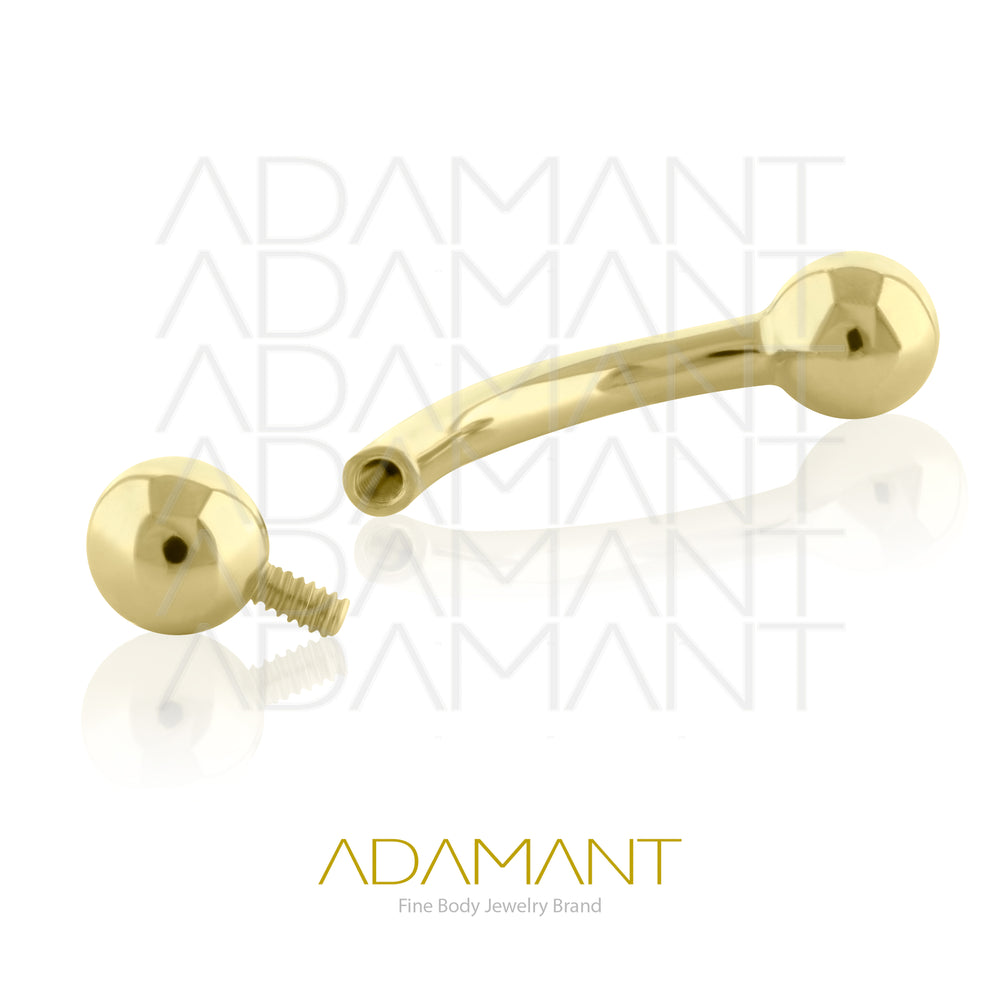 16g, Oro Solido 14k Micro banana con Bola, Rosca Interna, 0.9mm Patrón de rosca, Curved Barbell con Bola