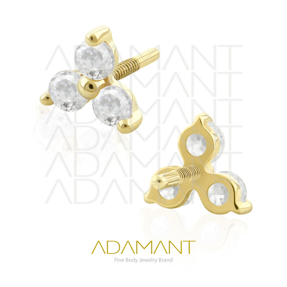 16g, Oro Solido 14k Accesorio Rosca Larga, 0.8mm Patrón de rosca, Trinity Prong Setting, Cubic Zirconia