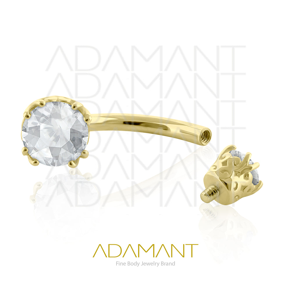 14g, Oro Solido 14k Navel Curved Rosca Interna, Queen, Prong Set, Cubic Zirconia.