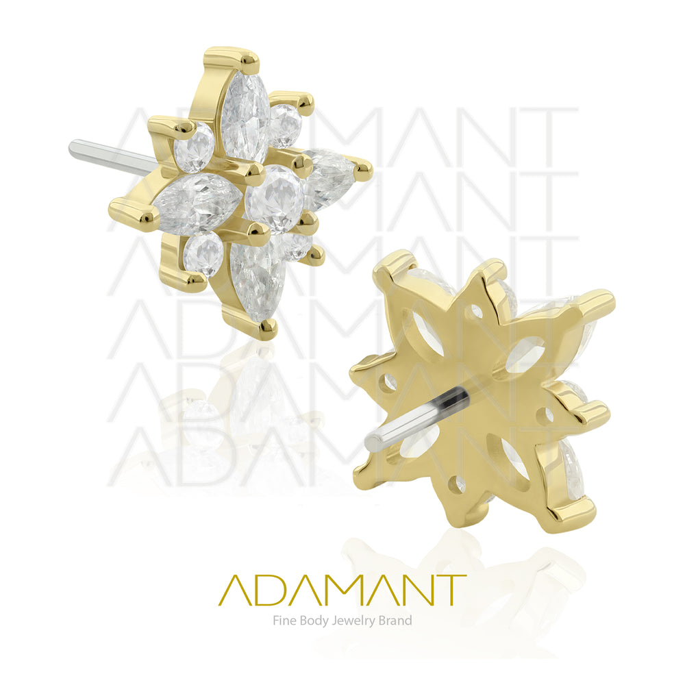 25g, Oro Solido 14k Accesorio Sin Rosca, 4.8mm Tamaño del Pin, Flor de Marquise, Prong Set, Cubic Zirconia