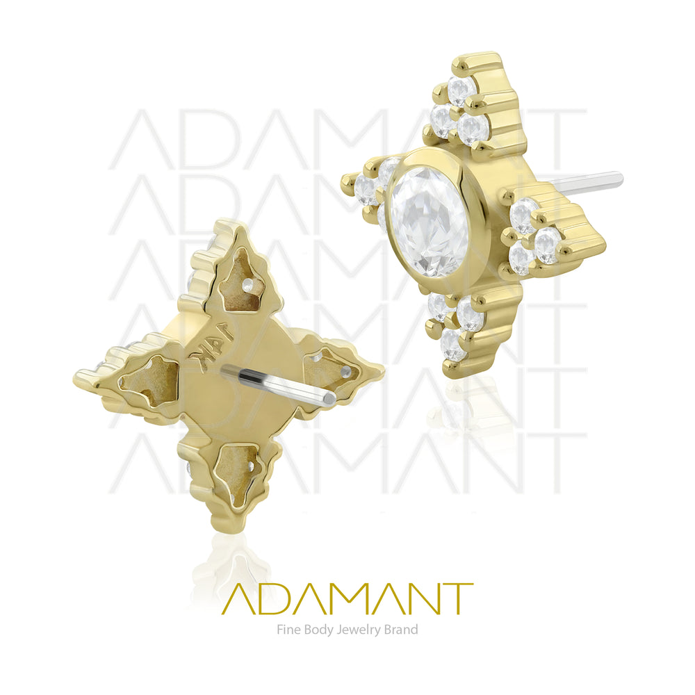 25g, Oro Solido 14k Accesorio Sin Rosca, 4.8mm Tamaño del Pin, Four Cristal TRI, Prong Set, Cubic Zirconia