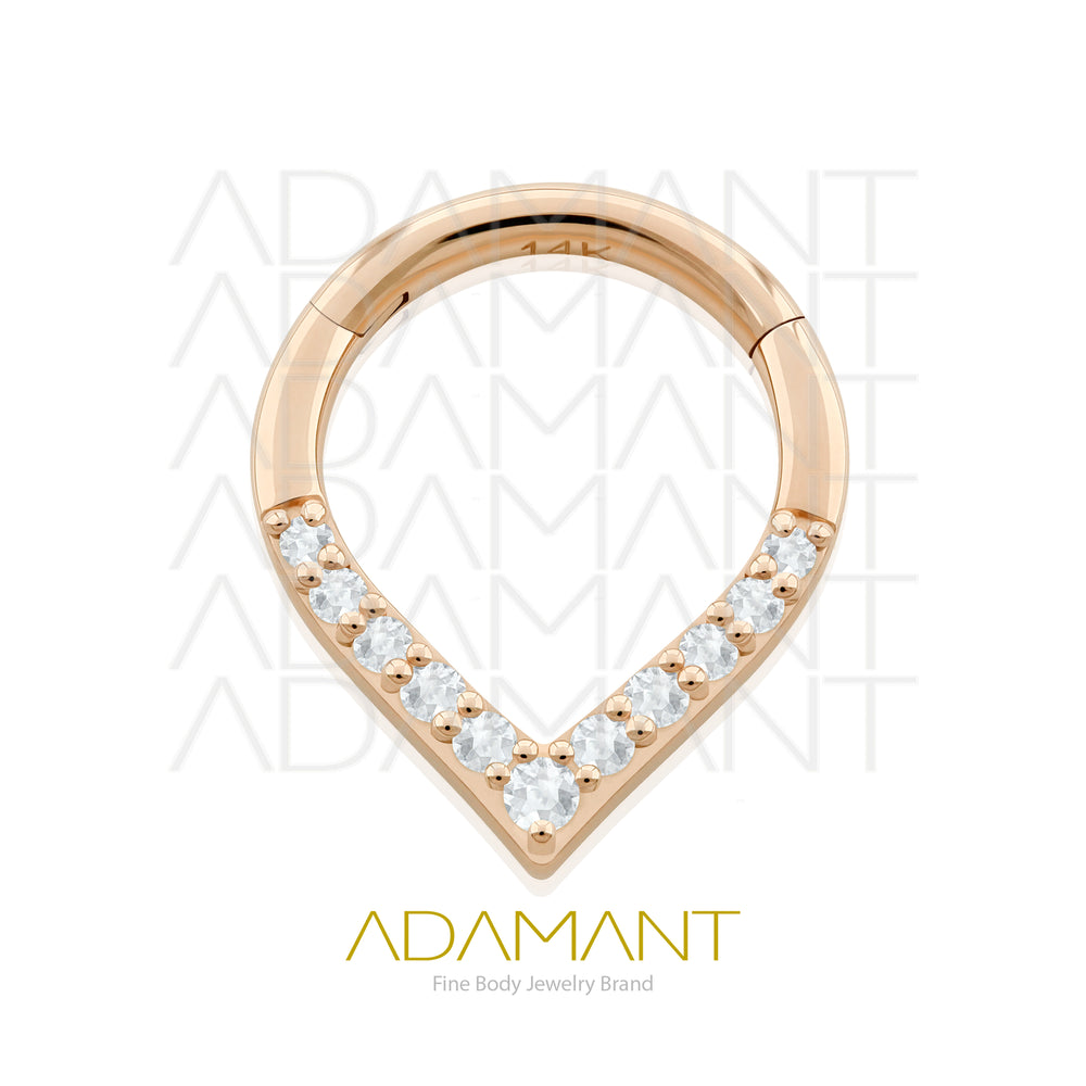 16g, Oro Solido 14k Aro de Bisagra Clicker V shaped Front Multijewel, Prong Set, Cubic Zirconia