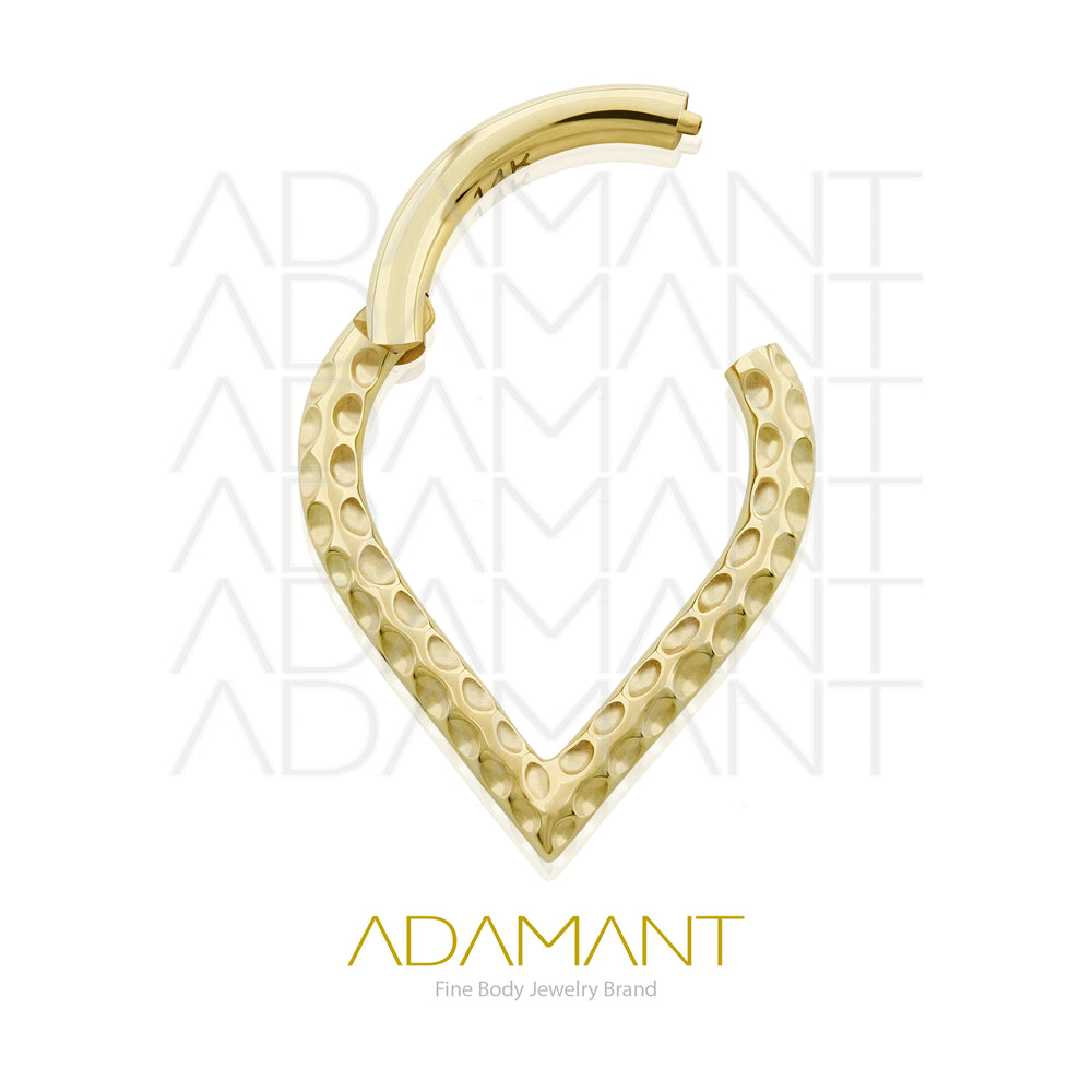 16g, Oro Solido 14k Aro de Bisagra Clicker V shaped Hammered