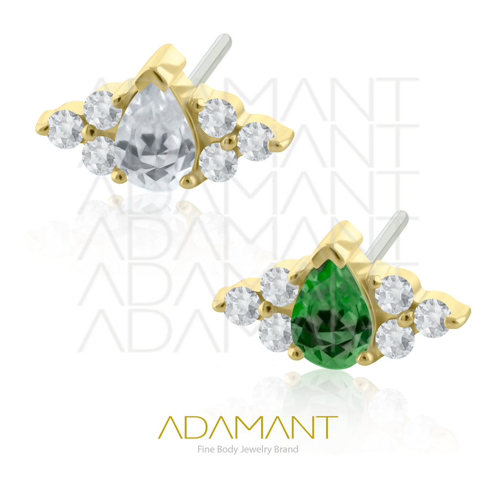 25g, Oro Solido 14k Accesorio Sin Rosca, 4.8mm Tamaño del Pin, Teardrop Double Trinity Prong Set, Cubic Zirconia.