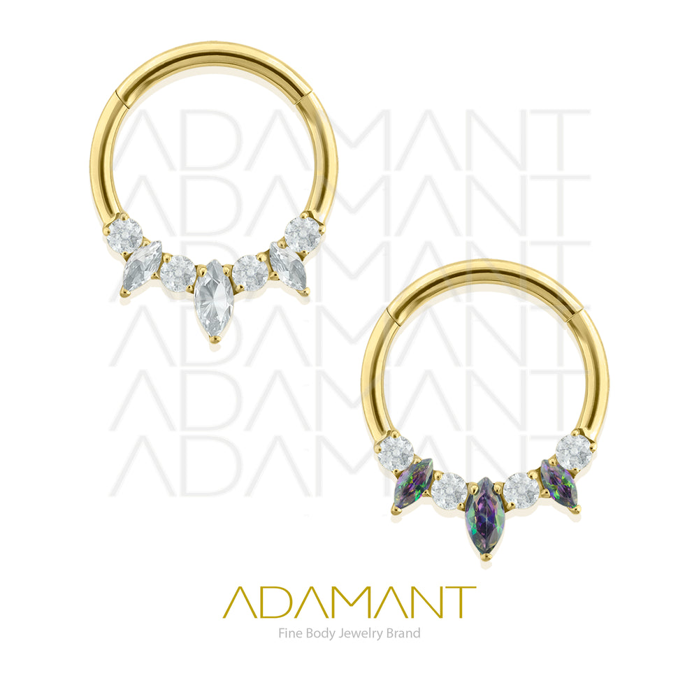 16g, Titanio Platizado Dorado, Aro Clicker con Bisagra, Triple Marquise Prong set, Cubic Zirconia