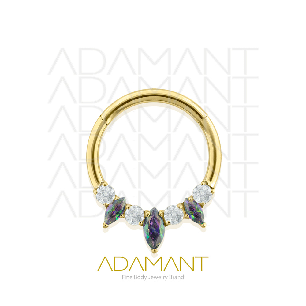 16g, Titanio Platizado Dorado, Aro Clicker con Bisagra, Triple Marquise Prong set, Cubic Zirconia