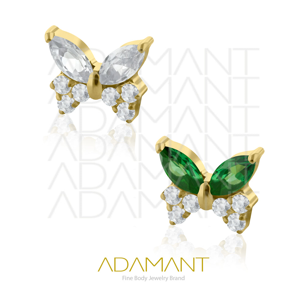 18g - 16g, Titanio Platizado Dorado Accesorio Rosca, 0.9mm Patrón de rosca, Mariposa, Prong Set, Cubic Zirconia.
