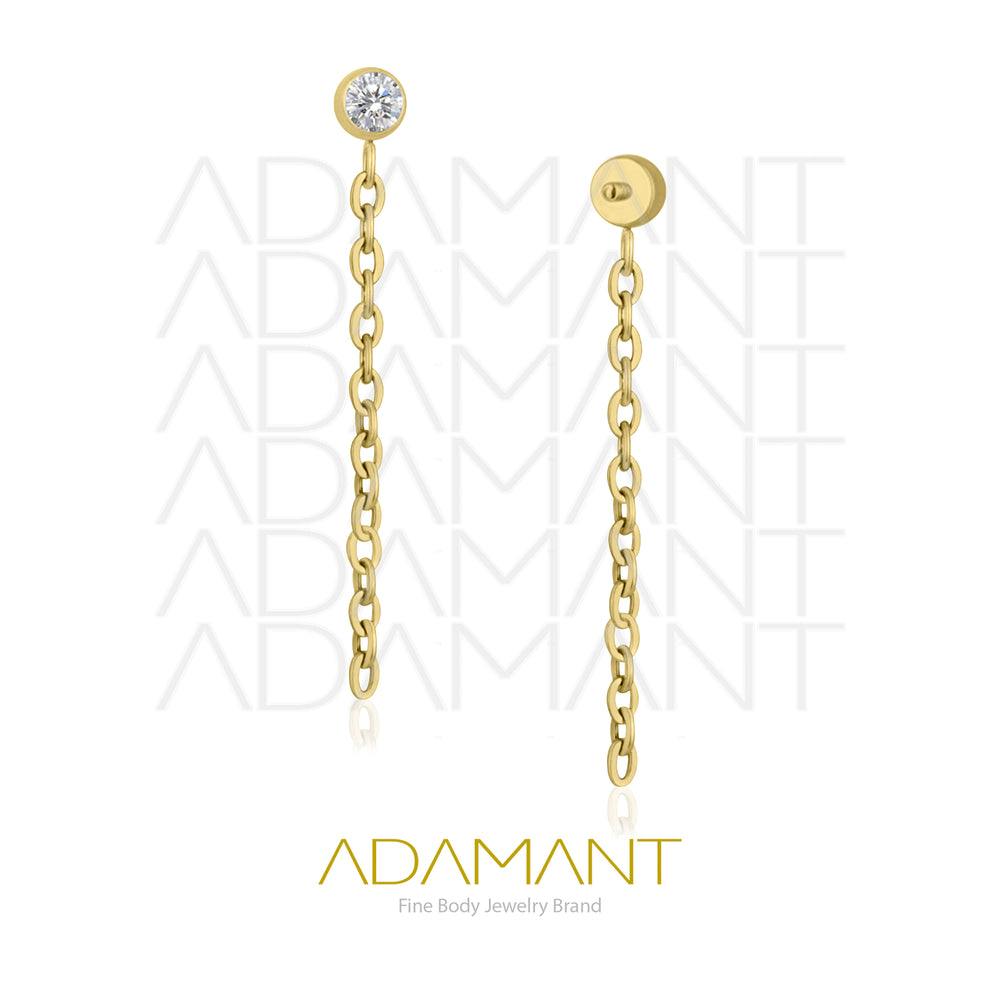 18g - 16g, Titanio Platizado Dorado Accesorio Rosca, 0.9mm Patrón de rosca, Bezel set, Cubic Zirconia with Chain.