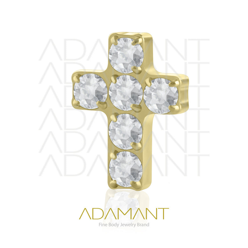 18g - 16g, Titanio Platizado Dorado, Accesorio Rosca, 0.9mm Patrón de rosca, Cruz Prong Set, Cubic Zirconia.