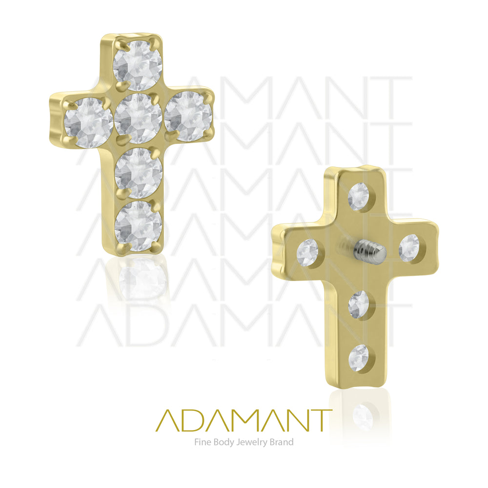 18g - 16g, Titanio Platizado Dorado, Accesorio Rosca, 0.9mm Patrón de rosca, Cruz Prong Set, Cubic Zirconia.