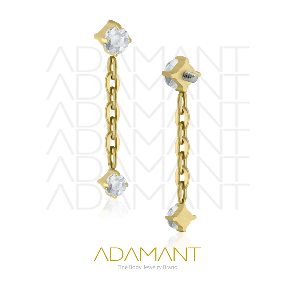 18g - 16g, Titanio Platizado Dorado Accesorio Rosca, 0.9mm Patrón de rosca, Double Prong set, Cubic Zirconia with Chain.