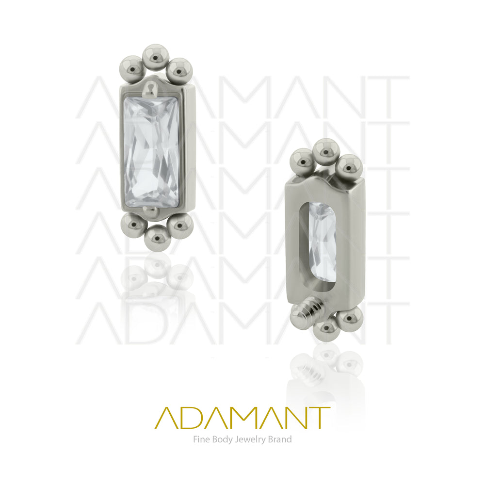 18g - 16g, Titanio Accesorio Rosca, 0.9mm Patrón de rosca, Double TRI Baguette, Prong Set, Cubic Zirconia.