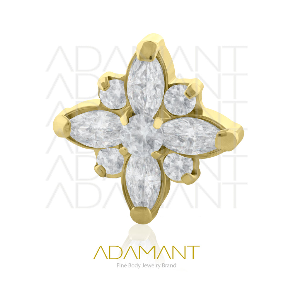 18g - 16g, Titanio Platizado Dorado, Accesorio Rosca, 0.9mm Patrón de rosca, Flower Marquise, Prong Set, Cubic Zirconia.