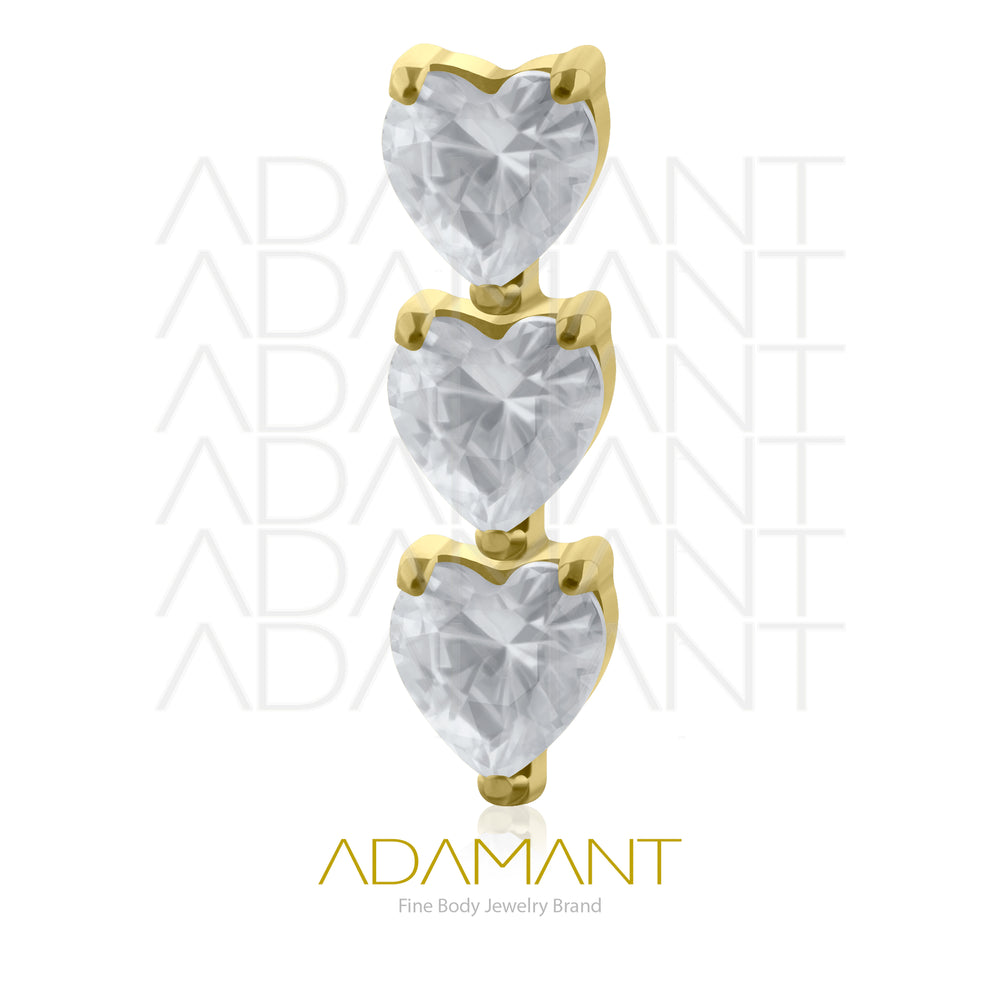 18g - 16g, Titanio Platizado Dorado Accesorio Rosca, 0.9mm Patrón de rosca, Cluster triple Heart, Prong set, Cubic Zirconia.