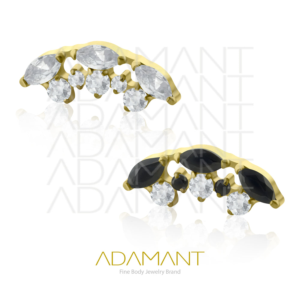 18g - 16g,Titanio Platizado Dorado Accesorio Rosca, 0.9mm Patrón de rosca, Curved multijewelry  Prong Set, Cubic Zirconia.