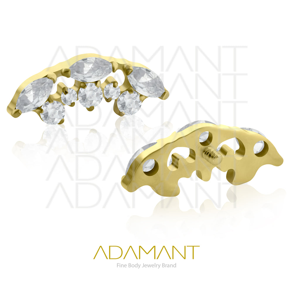 18g - 16g,Titanio Platizado Dorado Accesorio Rosca, 0.9mm Patrón de rosca, Curved multijewelry  Prong Set, Cubic Zirconia.