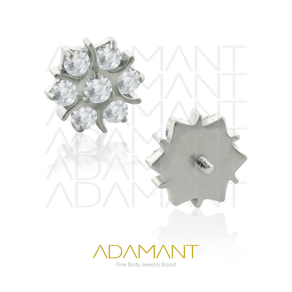 18g - 16g, Titanio Accesorio Rosca, 0.9mm Patrón de rosca, Sacred Flower, Prong Set, Cubic Zirconia.
