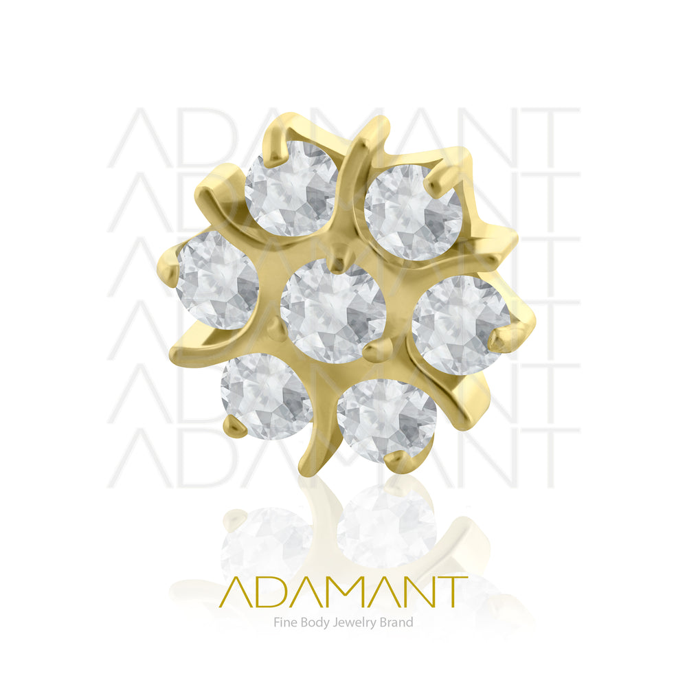18g - 16g, Titanio Platizado Dorado Accesorio Rosca, 0.9mm Patrón de rosca, Sacred Flower, Prong Set, Cubic Zirconia.