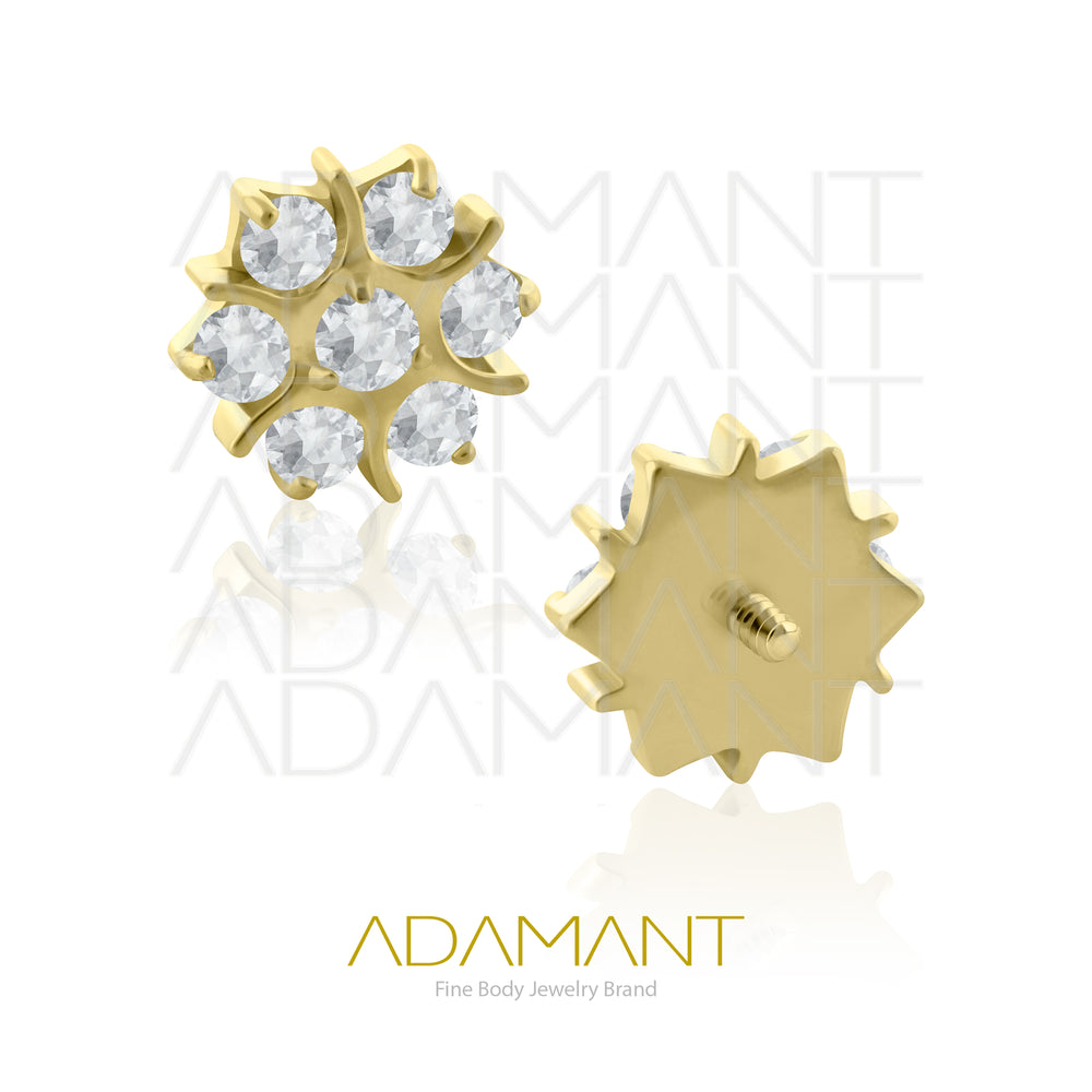 18g - 16g, Titanio Platizado Dorado Accesorio Rosca, 0.9mm Patrón de rosca, Sacred Flower, Prong Set, Cubic Zirconia.