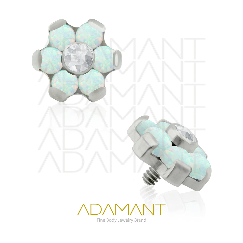 18g - 16g, Titanio Accesorio Rosca, 0.9mm Patrón de rosca, Flor, Prong Set, Opal con centro de Cubic Zirconia.