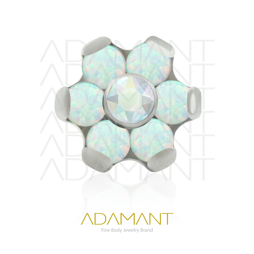 18g - 16g, Titanio Accesorio Rosca, 0.9mm Patrón de rosca, Flor, Prong Set, Opal con centro de Cubic Zirconia.