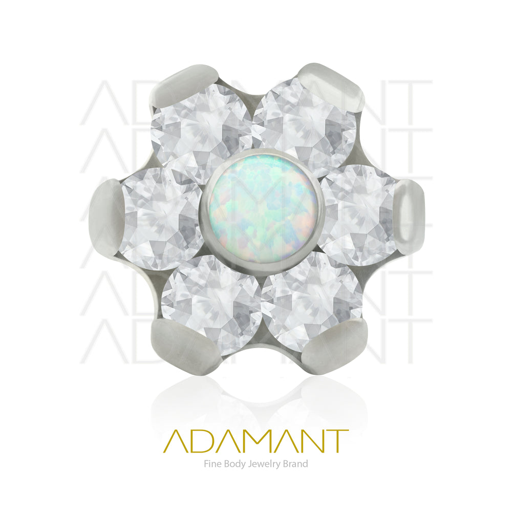 18g - 16g, Titanio Accesorio Rosca, 0.9mm Patrón de rosca, Flor, Prong Set, Cubic Zirconia con centro de Opal.